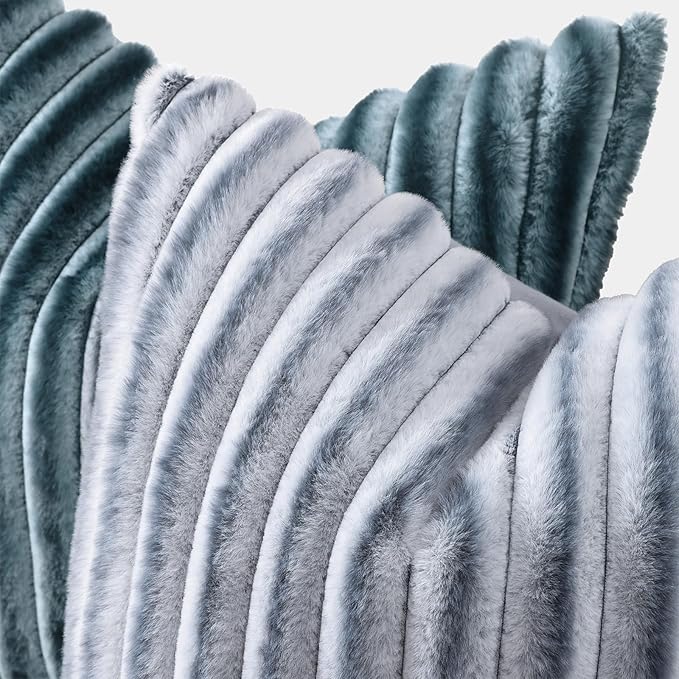 decorUhome Cozy Faux Fur Throw Pillow Covers 18x18 Set of 2 Decorative Soft Plush Striped Modern Farmhouse Boho Couch Pillow Cases with Velvet Back for Sofa Bed Living Room, Blue Grey