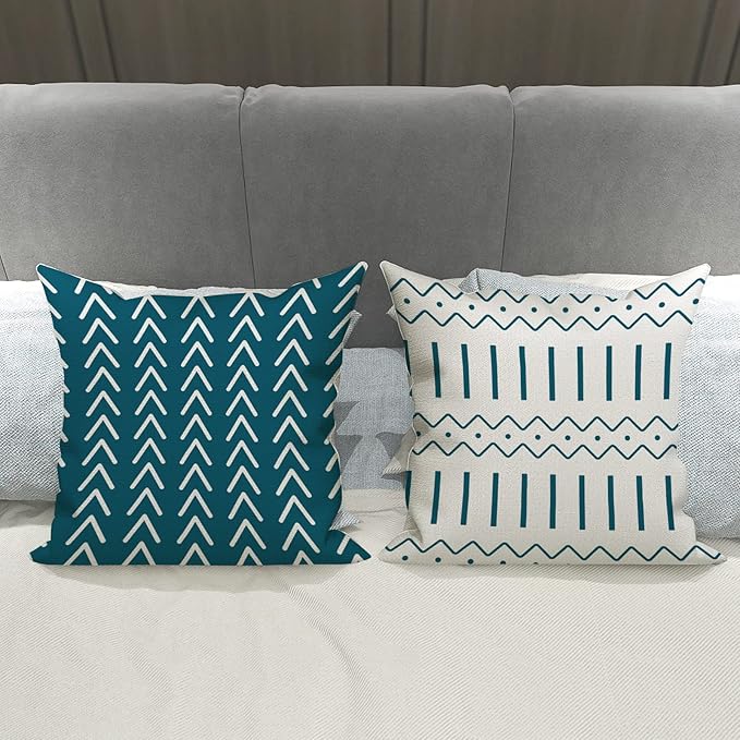 YCOLL Pillow Covers 16x16 Set of 4, Modern Sofa Throw Pillow Cover, Decorative Outdoor Linen Fabric Pillow Case for Couch Bed Car,Teal