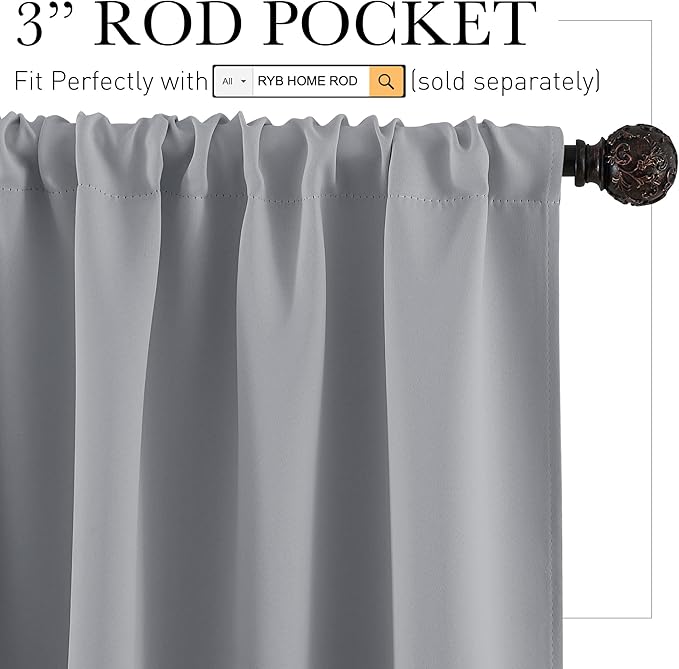 RYB HOME Blackout Privacy Bathroom Window Curtains, Short Thermal Insulated Heat Blocking Privacy Rod Pocket Half Window Curtain Tiers for Nursery Bedroom, Width 42 by Length 30, Silver Grey, 2 Panels