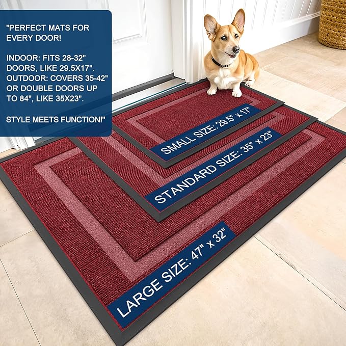 OLANLY Front Door Mat Indoor Outdoor Entrance, Waterproof All-Season, All-Weather Doormat, Sturdy Natural Rubber, Fade Resistant, Low Profile, Easy Clean Patio Porch Entryway Mat, 47x23, Wine Red
