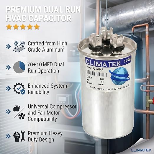 ClimaTek 70 + 10 MFD 370/440 Volt Dual Run Round Capacitor CAP99-7014R | 70/10 - Image 5