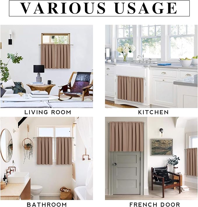 RYB HOME Cafe Blackout Curtains 24 inch Length, RV Curtains for Camper Windows, Mini Short Small Insulating Light UV Heat Blocking Privacy Half Window Tiers, Width 29 by Length 24, Mocha, 2 Panels