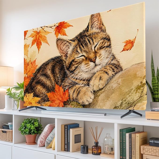 Thanksgiving Cute Tabby Cat Indoor TV Cover, Elastic TV Screen Protector Retro - Image 6