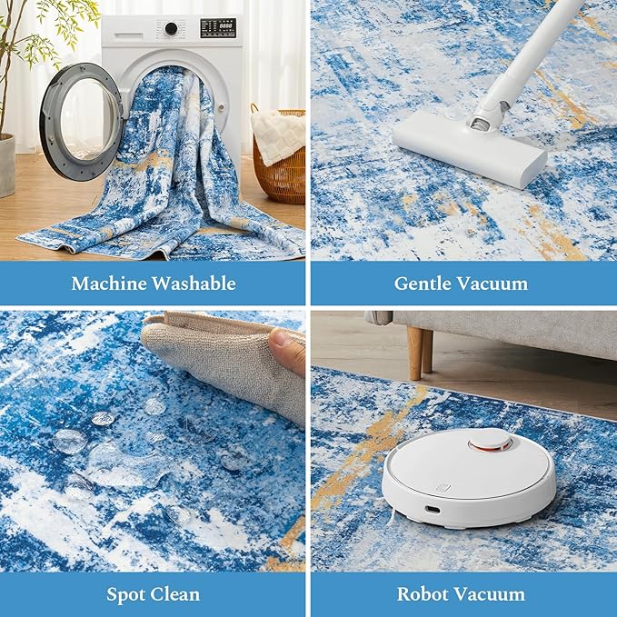 Rugflix 5x7 Area Rugs for Living Room, Washable Large Rug Stain-Resistant Low Pile, Modern Carpet for Dining Room Home Office Kid Room Nursery Bedroom, Blue Gold