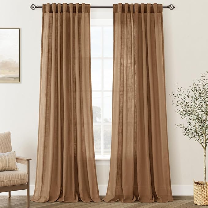 Brown Curtains for Living Room Back Tab Modern Farmhouse Semi Sheer Curtains 144 inches Long 2 Panels Set Muted Neutral Window Curtain for Dining Room Bedroom 52x144