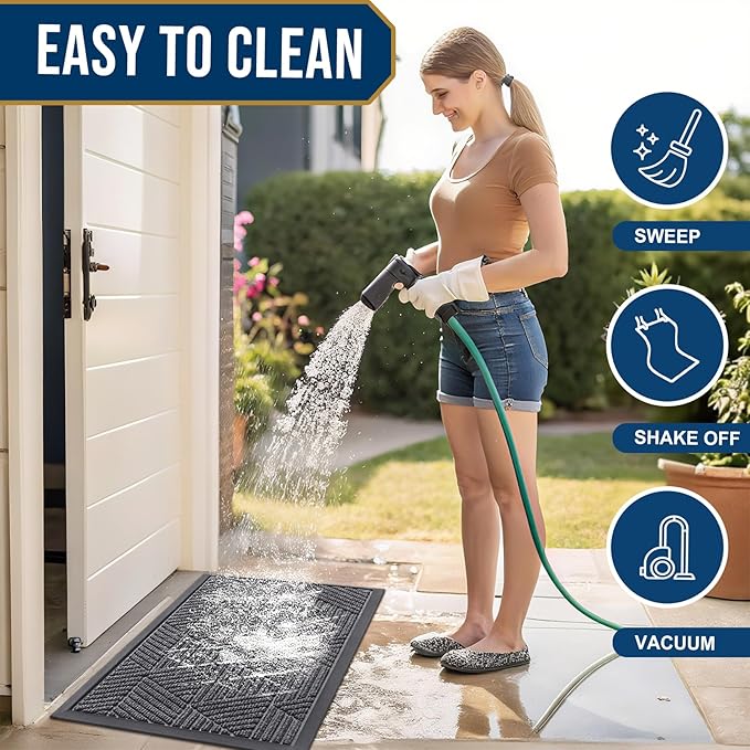 Smiry Front Door Mat Outside Entrance, Heavy Duty Sturdy Natural Rubber Doormat, Trap Dirt and Moisture, Easy Clean Low Profile Mats for Indoor Outdoor Entry, Irregular Triangle (29.5x17, Light Grey)