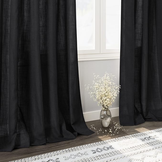 Black Linen Curtains 84 inches Long 2 Panels for Bedroom Back Tab Light Filtering Privacy Sheer Black Curtains Muslin Look Modern Farmhouse Cotton Textured Gauze Curtain for Living Room 2 Panel Set