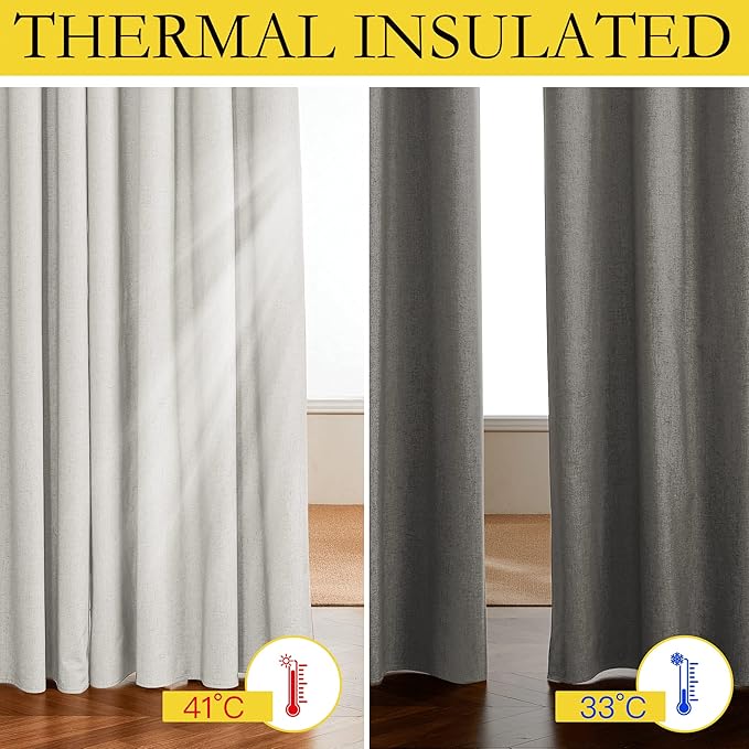 NICETOWN Extra Long Linen 100% Blackout Curtains 108 inches Length 2 Panels Set with Thermal Insulated Liners, Ivory, 62" Width, Farmhouse Style Window Draperies for Patio Sliding Glass Door
