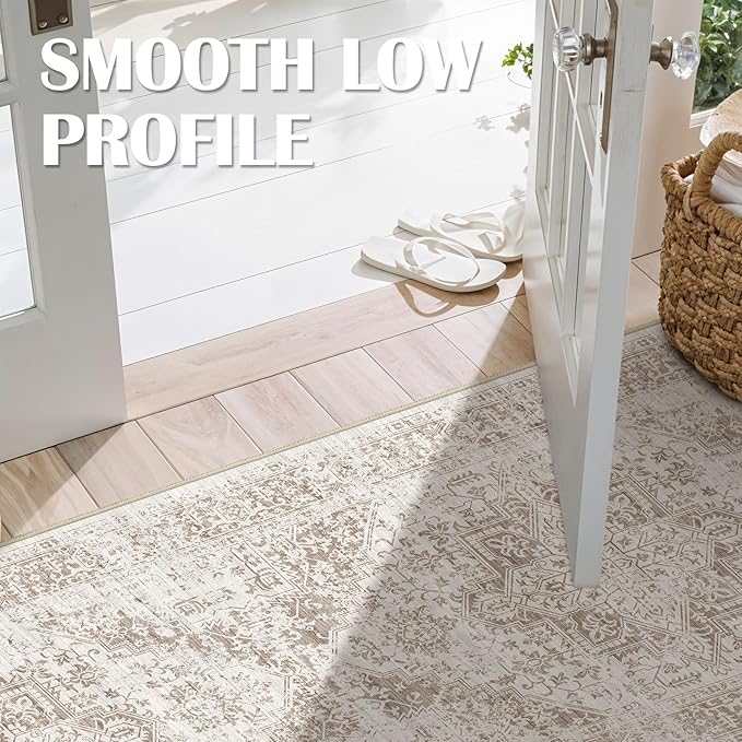 3x14 Washable Hallway Runner Rug - Non Slip Kitchen Runner Rugs with Rubber Backing Vintage Low-Pile Carpet Runners for Entryway Dining Room Laundry Room Home Decor (Cream/Camel)