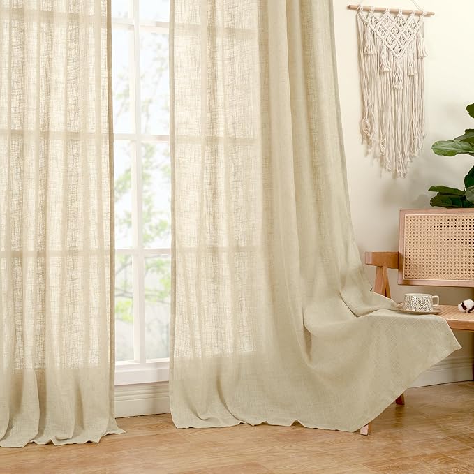 LAMIT 95 Inch Long Linen Curtains for Living Room, Light Filtering Semi Sheer Panels Back Tab and Rod Pocket Neutral Panels for Bedroom/Sliding Glass Door, 60 x 95 Inch, Linen, 2 Panels Set