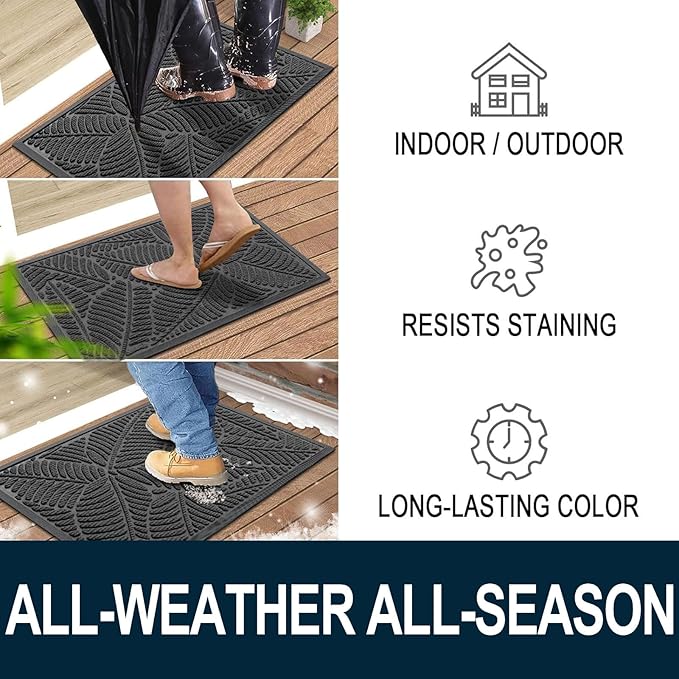 Colorxy Waterproof Doormat, Sturdy Natural Rubber Front Indoor Mat, Non Slip Low Profile Outdoor Door Mat, Stain and Fade Resistant Floor Mats, Easy Clean Patio Entry Mat, 47''x24'', Light Grey