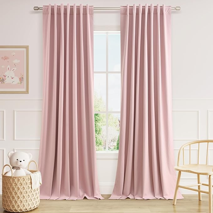 Guken Pink 100% Blackout Linen Curtains 120 Inch 2 Panels Set for Girl's Bedroom, Living Room, Nursery, Back Tab/Rod Pocket Thermal Insulated Black Out Drapes Farmhouse for Bedroom Window Curtains