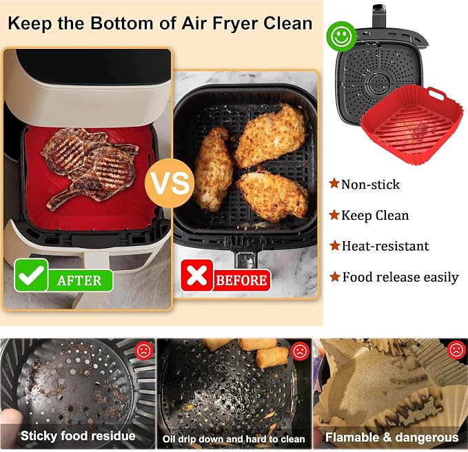 3Pcs Silicone Air Fryer Liners Reusable Square Thickened Airfryer Basket - Image 3