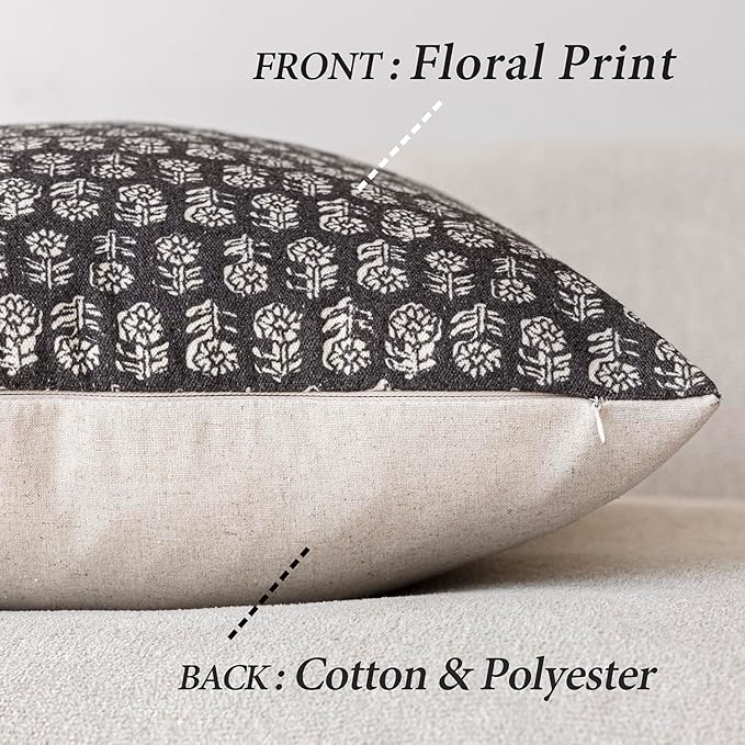 Foindtower Set of 2 Decorative Neutral Floral Print Throw Pillow Covers Vintage Accent Farmhouse Cushion Covers Boho Home Decor for Sofa Couch Chair Bedroom Living Room,24×24 Inch,Black