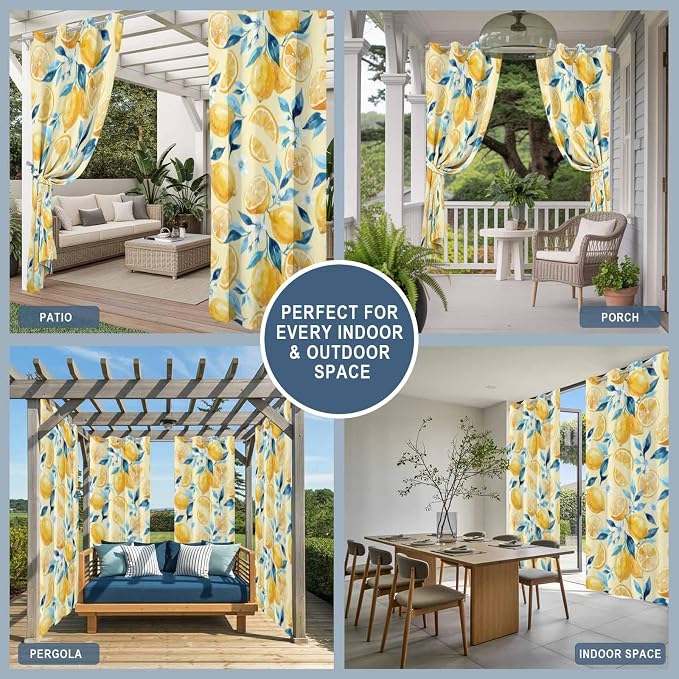 Lemon Outdoor Curtains for Patio Lemon Leaves Summer Plants Begin Waterproof - Image 8