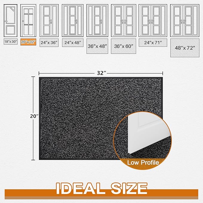 Mibao Front Door Mat, Dirt Trapper Welcome Mat for Outdoor Indoor, Non-Slip Waterproof Doormat, Durable Machine Washable Low Profile Entry Rug for Back Door Outside Patio Porch, 32" x 20", Black