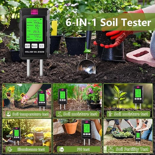 Soil Test Kit, 6-in-1 Soil Moisture Meter, pH Meter, Fertility Tester, Digital - Image 9