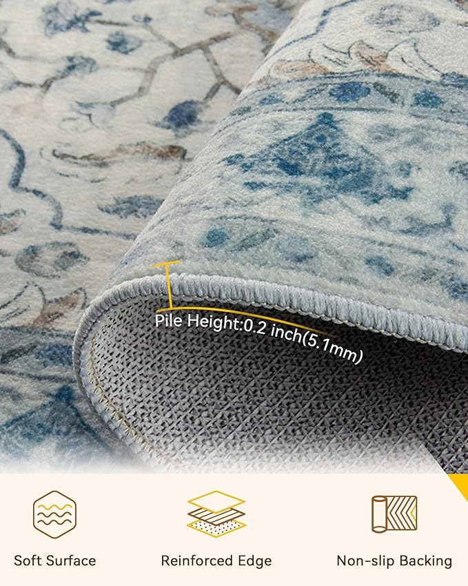 Area Rugs 3'x9' Runner Rug Non Slip Washable for Kitchen Hallway Bedroom Beside Laundry Room Bathroom Rug, Floor Carpet, Light Blue Navy Beige Gray White