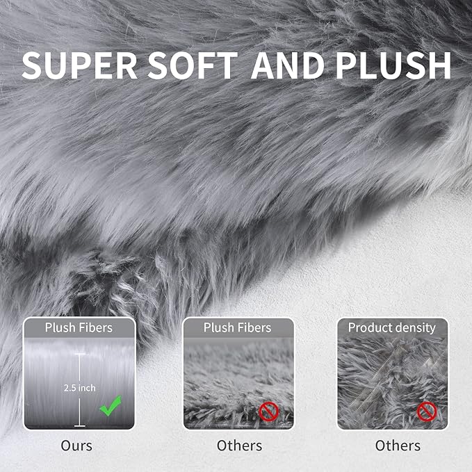 Grey Fluffy Rug for Bedroom, 2'X6' Faux Fur Rug for Runner, Gray Soft Shag Rug for Sofa Couch Cushion, Cozy Shaggy Fuzzy Plush Floor Carpet for Nursery, Cute Bedside Dorm Home Decor Rectangle
