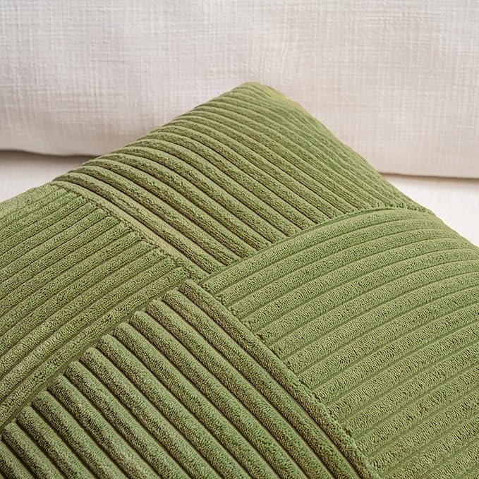 Fancy Homi 2 Packs Moss Green Decorative Throw Pillow Covers 16x16 Inch for Living Room Couch Bed, Rustic Farmhouse Boho Home Decor, Soft Corss Patchwork Corduroy Textured Square Cushion Case 40x40 cm