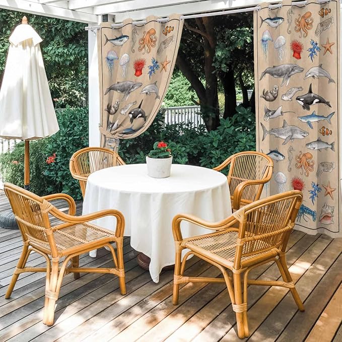 Vintage Outdoor Curtains for Patio Sharks Whales Lobsters Biographies - Image 4