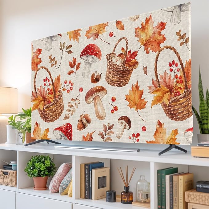 Watercolor Maple Leaves Mushroom Indoor TV Cover, Elastic TV Screen Protector - Image 6