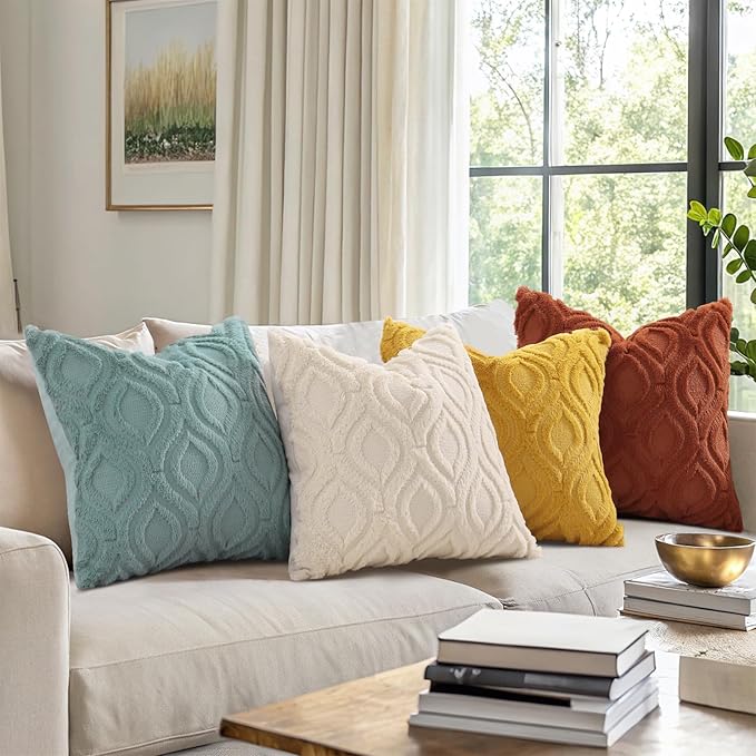 decorUhome Summer Throw Pillow Covers 16x16 Inch Set of 2, Soft Plush Faux Wool Mustard Yellow Solid Couch Pillow Covers, Accent Farmhouse Neutral Square Pillow Cases for Sofa Bed Living Room