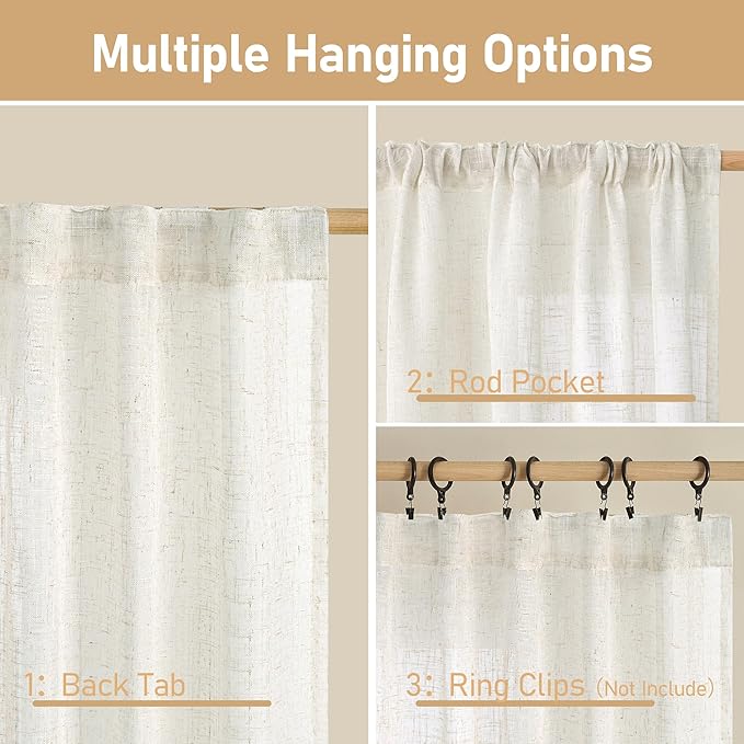 LAMIT 102 inch Semi Sheer Linen Curtains for Living Room, Back Tab and Rod Pocket Cream Curtains Light Filtering Country Rustic Neutral Drapes for Bedroom/Farmhouse, 2 Panels, 52 x 102 Inch