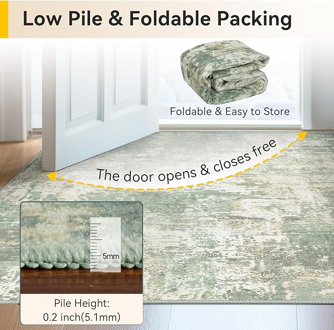 Washable Area Rugs 9'x12' Non-Slip Modern Abstract Soft for Living Room Entryway Bedroom Nursery, Print Pattern, Light Green/Yellow