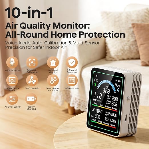 Air Quality Monitor Indoor, 10 in 1 Portable Smart Air Quality Tester - Image 2