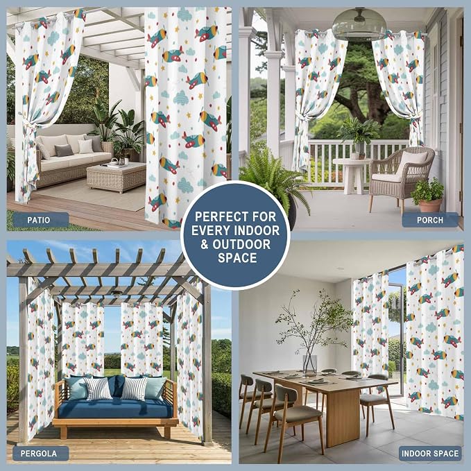 Turquoise Airplane Waterproof Outdoor Curtains - Image 5