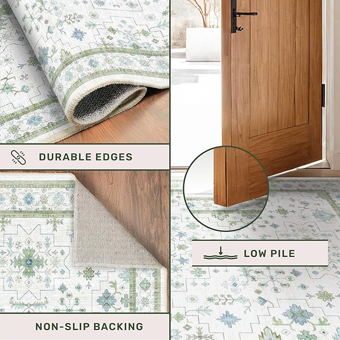 Hazo Haus Washable Rugs for Living Room 10x12 - Cream Blue and Green Oriental Floral Geometric, Low Pile Non Slip Extra Large Area Rug for Dining Under Table, Bedroom, Lounge