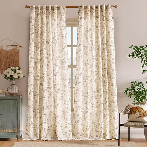 "Lazzzy Farmhouse Polyester blended Curtains Taupe Floral Curtains 96 Inch Length Back Tab Drapes for Living Room Bedroom Light Filtering Country Vintage Rod Pocket Curtain, 2 Panels, Taupe on Beige