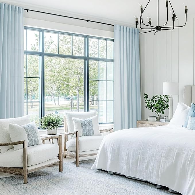 Sky Blue Curtains 96 inch Length for Bedroom Back Tab Light Filtering Semi Sheer Blue Living Room Curtains Linen Cotton Textured Drapery Panel Aesthetic Decor Light Blue 52x96