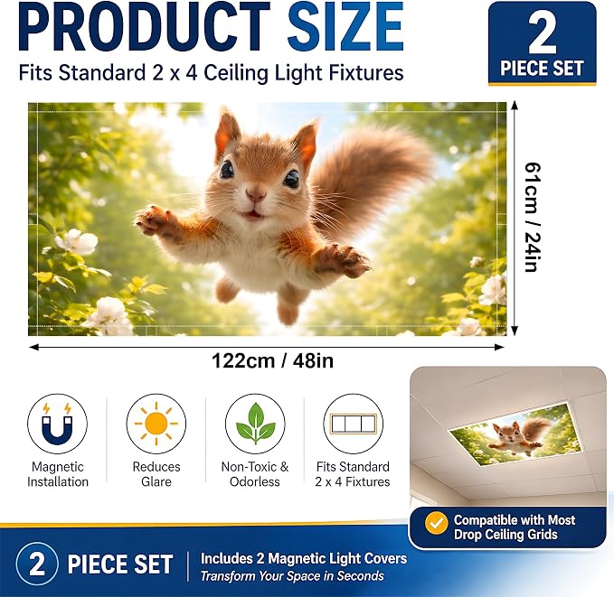 2 Pack Leaping Squirrel Decorative Ceiling Light Covers, Magnetic 4x2 Ft - Image 2