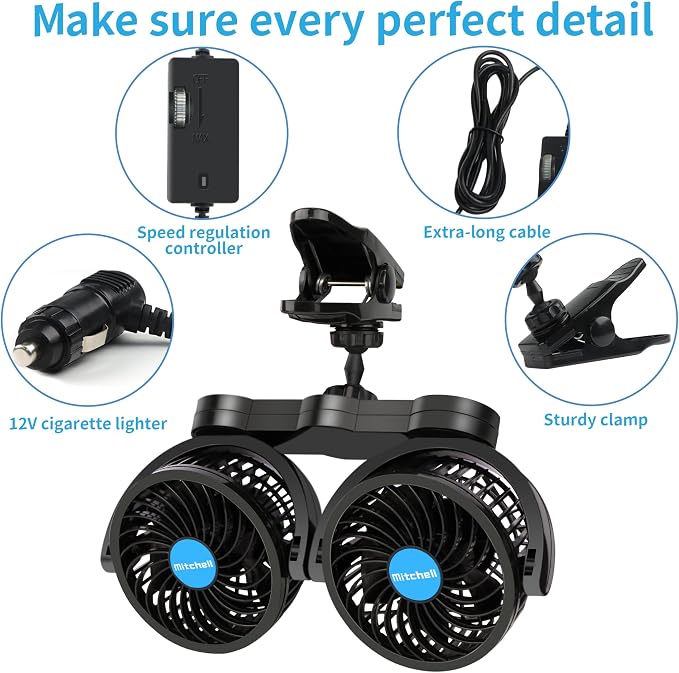Alagoo 12V Car Fan, Adjustable 4 Inches Dual Head Car Clip Fan - Image 2