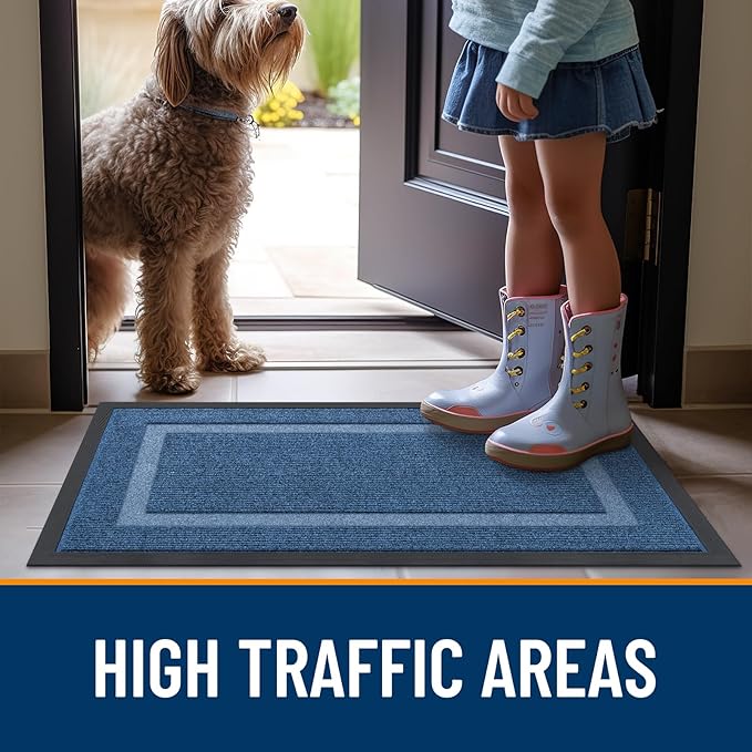 OLANLY Front Door Mat Indoor Outdoor Entrance, Waterproof All-Season, All-Weather Doormat, Sturdy Natural Rubber, Fade Resistant, Low Profile, Easy Clean Patio Porch Entryway Mat, 47x32, Light Blue