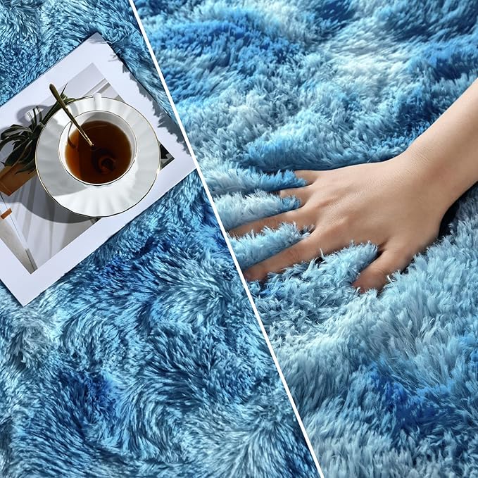 Deerhoo Large Shag Area Rugs 8 x 10, Tie-Dyed Plush Fuzzy Rugs for Living Room, Ultra Soft Fluffy Furry Rug for Bedroom, Indoor Carpet Nursery Rugs for Kids Room Home Decor,Bright Blue
