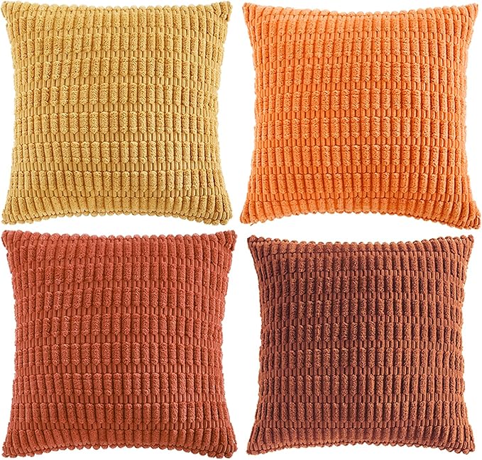 Fancy Homi Set of 4 Burnt Orange Fall Boho Decorative Throw Pillow Covers 24x24 Inch for Couch Bed Sofa, Aesthetic Modern Bohemian Room Decor, Soft Fuzzy Fluffy Cozy Corduroy Cushion Case 60x60cm