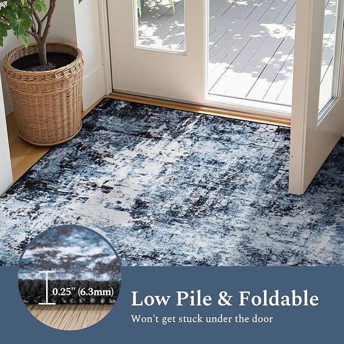 Rugflix 2x3 Entrance Rugs, Entry Rug Washable Non-Slip Stain-Resistant Low Pile Small Modern Dark Carpet, for Living Room Bedroom Indoor, Navy Blue/Black
