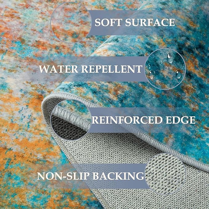 Washable Area Rugs 4'x6' Non-Slip Modern Abstract Soft for Living Room Entryway Bedroom Nursery, Print Pattern, Teal Blue Green Orange Rust Red Coloreful