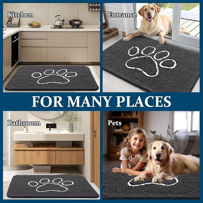 OLANLY Dog Door Mat for Muddy Paws 32x20, Paw Print Design, Absorbs Moisture and Dirt, Absorbent Non-Slip Washable Doormat, Quick Dry Chenille Mud Mat for Dogs, Entry Indoor Entryway Carpet, Dark Grey