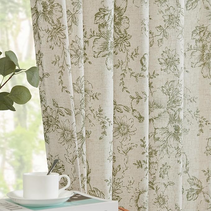 jinchan Linen Blend Floral Curtains for Living Room 54 Inch Length Farmhouse Printed Curtain Rod Pocket Back Tab Sage Green Peony Flower Patterned Drapes Bedroom Curtains Set 2 Panels