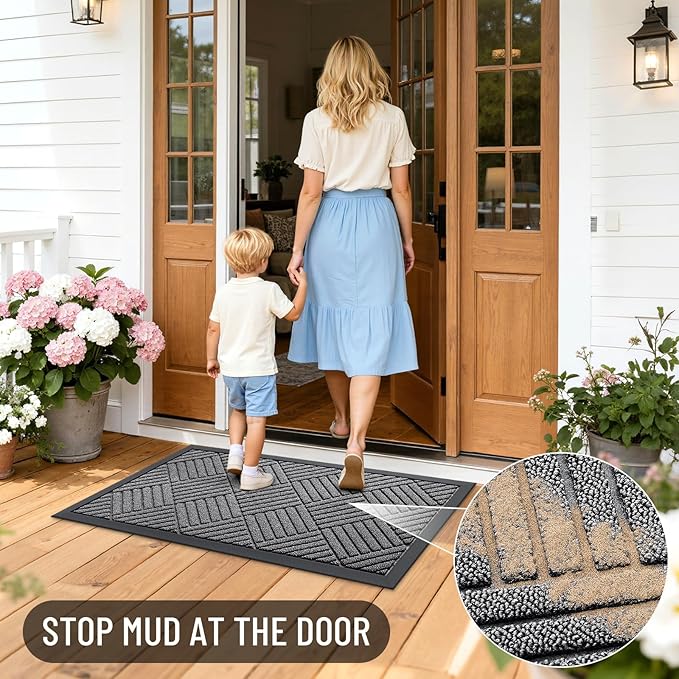 OLANLY Front Door Mat Outside Entrance 59x23, Absorbent, Heavy Duty Sturdy Natural Rubber Doormat Indoor Outdoor, Stain and Fade Resistant, Non-Slip Low Profile Floor Mat for Entryway, Grey Diamond