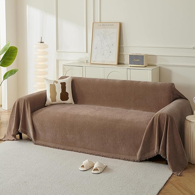 Couch Cover for Dogs, Boho Sofa Covers for 3 Cushion Couch, Chenille Sofa Slipcover for Pets Washable, L-Shape Sectional Couch Loveseat Cover Soft Throw Blankets with Tassels(71x134,Coffee)