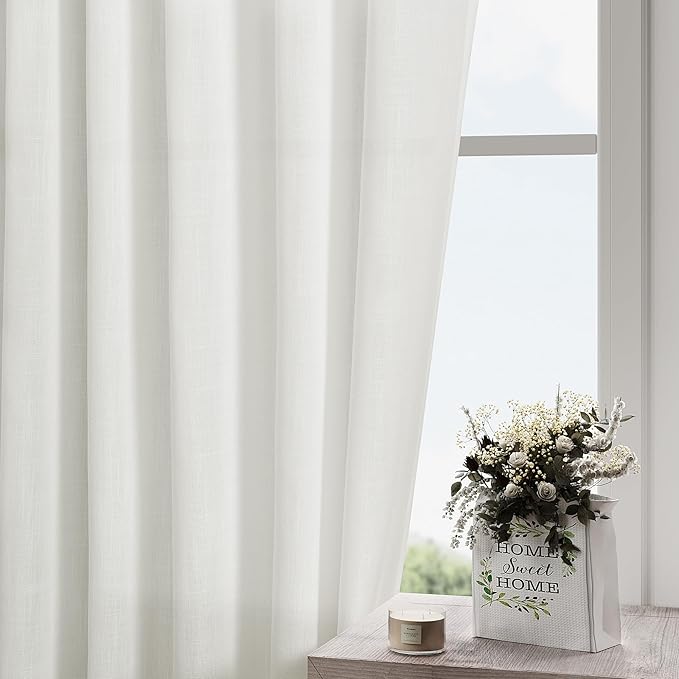Extra Long Ivory Curtains 132 Inch Length 2 Panels Set Back Tab Neutral Farmhouse Drapes Light Filtering Semi Sheer Linen Curtain 132 Inches Long for Floor to Ceiling Window Patio Sliding Door