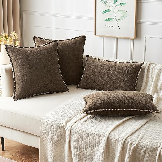 MIULEE Pack of 2 Couch Throw Pillow Covers 20x20 Inch Brown Farmhouse Decorative Pillow Covers with Stitched Edge Soft Chenille Solid Dyed Spring Pillow Covers for Sofa Bed Living Room
