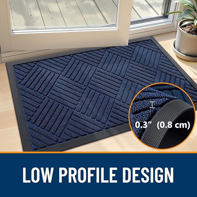 OLANLY Front Door Mat Outside Entrance 71x23, Absorbent, Heavy Duty Sturdy Natural Rubber Doormat Indoor Outdoor, Stain Fade Resistant, Non-Slip Low Profile Floor Mat for Entryway, Navy Blue Diamond