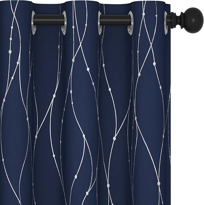 Deconovo Short Kitchen Curtains, Navy Blue Blakcout Curtain 42 x 54 Inch, Thermal Insulated Soundproof Drapes with Silver Wave Dots Prit, Grommet Top, Machine Washable for Nursery Bedroom Living Room