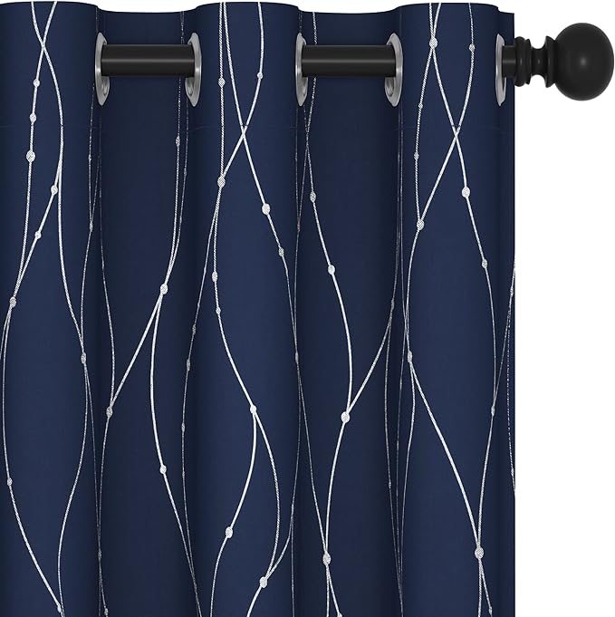 Deconovo Navy Blue Curtains, Blackout Curtain for Bedroom, 42 x 95 Inch, Thermal Insulated Soundproof Privacy Drapes with Silver Wave Dots Pattern, Grommet Top, Machine Washable Panel for Living Room